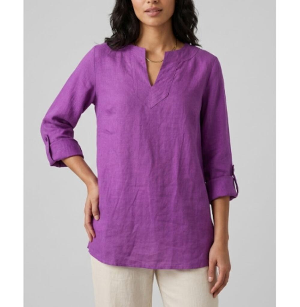 Lauren Ralph Lauren Women's Purple 100% Linen Long Roll Sleeve Top Size M